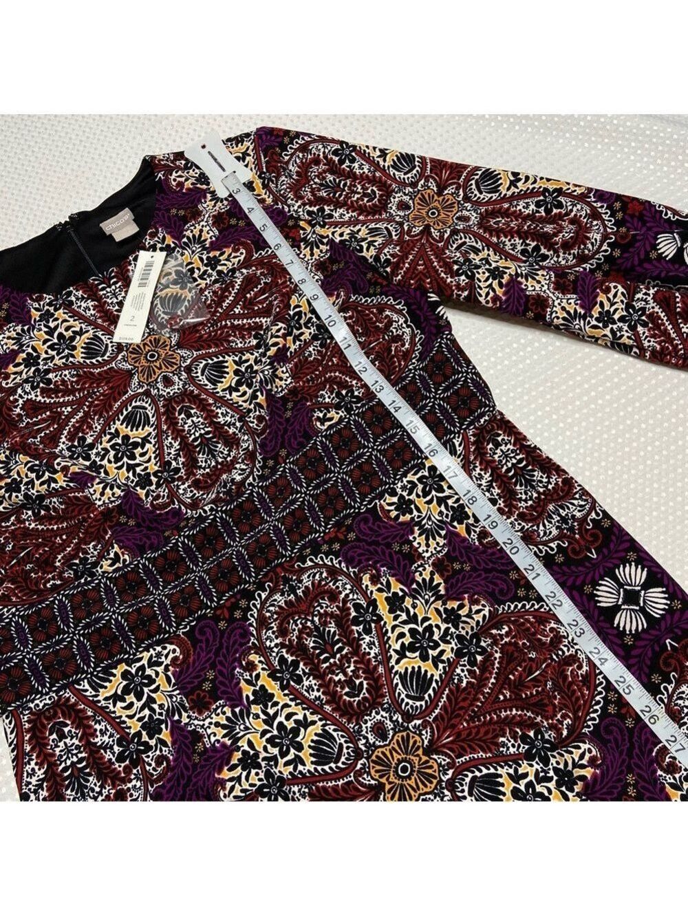 Chico's Long Sleeve Medallion Print Sheath Dress in Warm Colors Size 2 (10-12) - Picture 4 of 12